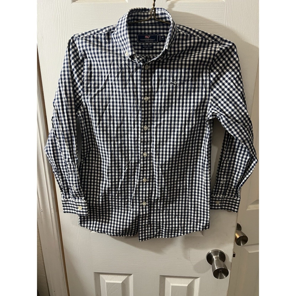 Vineyard Vines Long Sleeves Boys Size Medium 12-14 Navy Blue Gingham